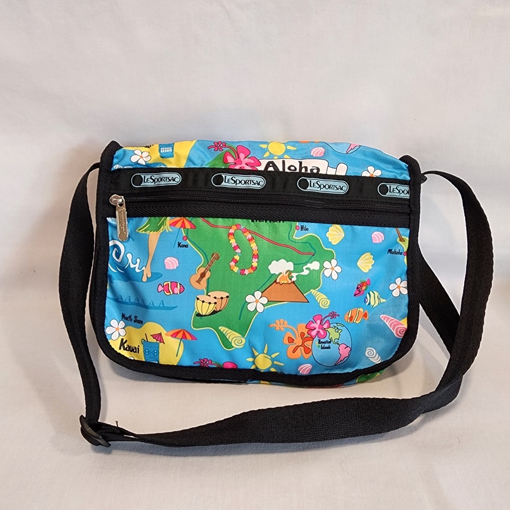 LeSportsac Hawaii Map‎ Print Crossbody Bag Blue Multi Nylon Small Messenger USA